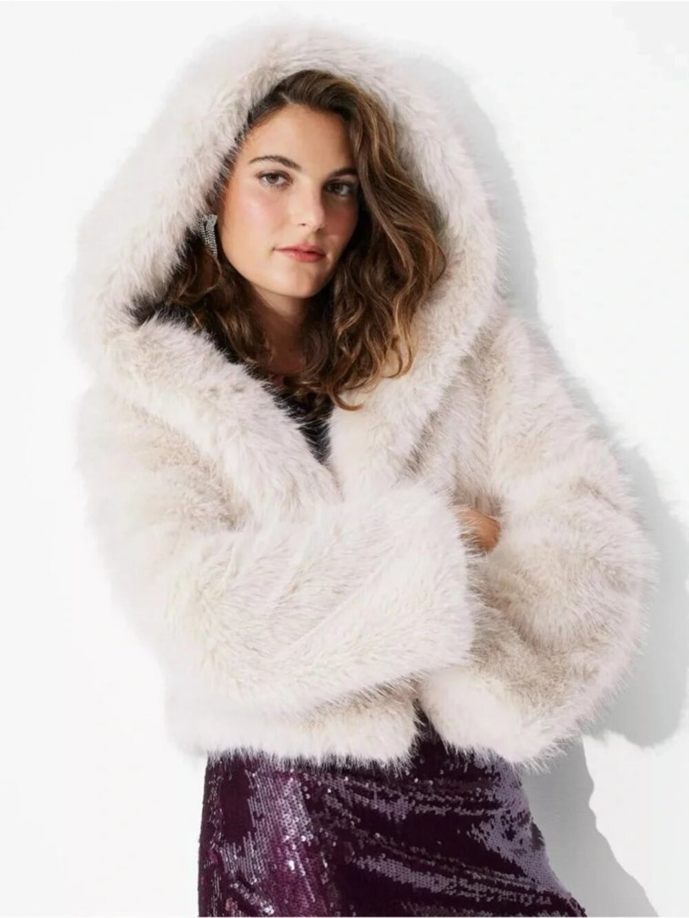 NEW! EXQUISITE CROPPED FAUX FUR HOODED JACKET COAT
